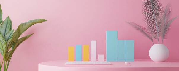 Poster - A bright, minimalist workspace featuring colorful bar charts, a laptop, and a decorative plant against a pink background.