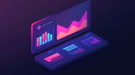 Poster - A vibrant, futuristic laptop displays colorful data visualizations including graphs and charts, emphasizing analytics and digital technology.