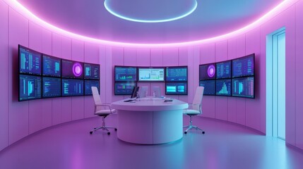 Poster - A sleek, modern control room with vibrant pink lighting, featuring multiple monitors displaying data visualizations and analytics.