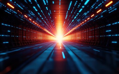 Aufkleber - Abstract tunnel with blue and orange lights converging towards a bright center.