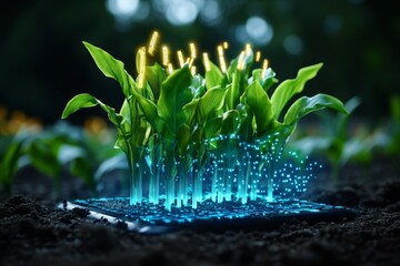 Poster - Holographic display showing data on crop yields in a rural farm setting, symbolizing the fusion of technology and food security
