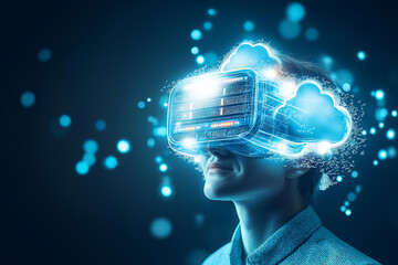 Poster - A person explores a digital universe through a virtual reality headset, showcasing advanced technology and creativity