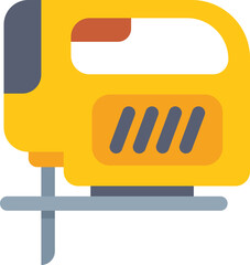 Poster - yellow electric jigsaw with ergonomic handle cutting wood panel with sharp blade