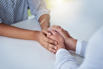 Holding hands, support and people in home with unity for conversation in marriage repair together. Love, care and closeup of couple with empathy, partnership and trust for counseling with commitment.