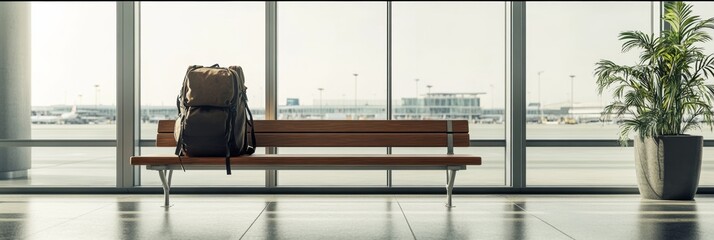 Backpack is resting on a bench in an empty airport terminal, with airplanes visible in the background through large windows