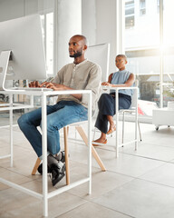 Poster - Typing, serious and black man in office, computer and confident for email campaign, copywriter and employee. Planning, online and ideas for content creation, digital or creative with ads for business