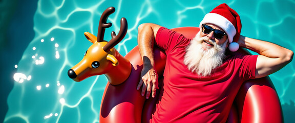 Santa Claus enjoys a summer day, floating on a pool raft with a reindeer float. A fun and whimsical twist on the traditional holiday image, showcasing leisure and holiday spirit.

