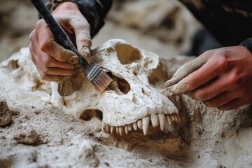 Poster - A person's hands gently brush away sand from a partially buried dinosaur skull fossil, revealing its distinct features and teeth, capturing a moment of discovery.