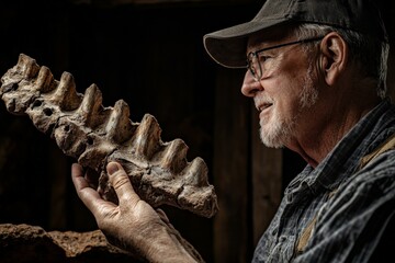 Poster - An archaeologist closely examining a large, detailed dinosaur fossil vertebra, reflecting deep interest and passion for ancient history and prehistoric studies.