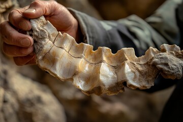 Poster - A person's hand holding and displaying a piece of an ancient fossilized dinosaur backbone, showcasing evidence of prehistoric life and history in a natural setting.