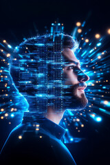 Poster - A young man appears contemplative as glowing blue patterns radiate around him, symbolizing technology and innovation
