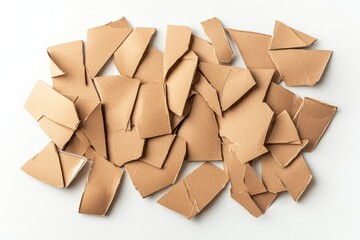 Aufkleber - A collection of scattered brown cardboard fragments laid out on a white surface, showcasing an abstract arrangement with varied shapes and textures.