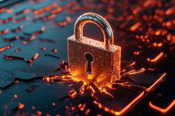 Poster - Digital lock icon breaking apart on a computer screen, symbolizing the impact of a zero-day vulnerability