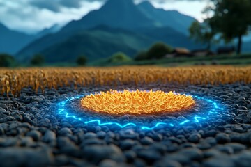 Poster - Holographic display showing data on crop yields in a rural farm setting, symbolizing the fusion of technology and food security