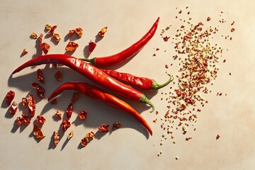 Poster - A close-up image of four whole red chili peppers on a beige surface, surrounded by crushed and dried chili flakes creating a lively and spicy visual.
