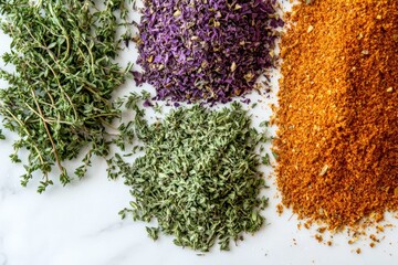 Poster - A colorful array of herbs and spices is spread on a marble surface, each unique in color and form, employed for artistic and culinary purposes, adding flavor to food.