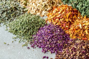 Poster - A vibrant assortment of various dried herbs, showcasing their diverse colors and textures on display, reflecting the beauty of natural culinary ingredients in detail.