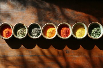 Poster - A collection of colorful spices is neatly arranged in small, round bowls resting on a wooden surface, beautifully illuminated by natural sunlight creating shadows.