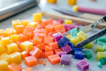 Aufkleber - Brightly colored wax cubes scattered across a table, creating a vibrant and artistic workspace scene full of creative potential and inspiration.