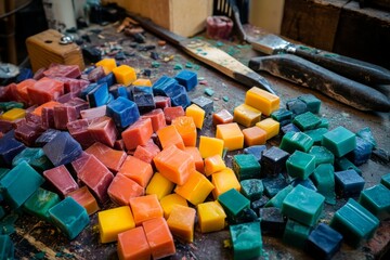 Aufkleber - Vividly colored wax cubes are organized on a creative workspace desk, offering a glimpse into an artistic studio full of vibrant energy and imagination.