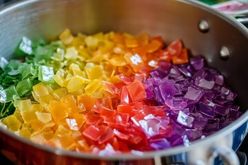 Poster - Colorful, jelly-like rainbow pieces fill a cooking pot, delivering a vivid display that evokes culinary artistry and the joy of creative experimentation.