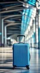 Poster - Bright blue suitcase stands confidently in a modern airport terminal, ready for its owner's upcoming journey