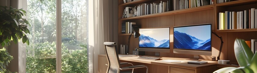 Aufkleber - modern home office with dual monitors and bookshelf