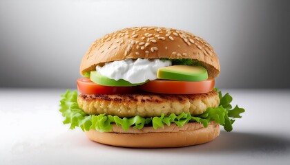 A juicy cheeseburger with sesame seed bun, lettuce, tomato, onion, and beef patty, isolated on white background