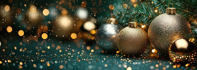 Wall Mural - A dark green background with gold and silver Christmas ornaments hanging on it, creating an elegant and festive atmosphere for holiday contrast between metallic colors against deep green tones.