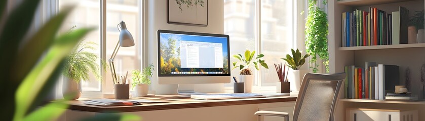 Poster - A Bright Home Office Space with a Computer, Plants, and Books