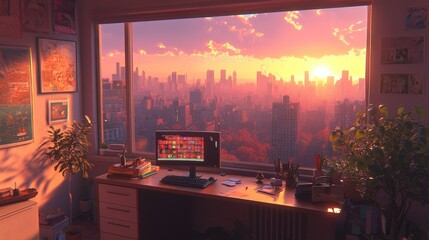 Poster - Sunset Cityscape View from Home Office Window