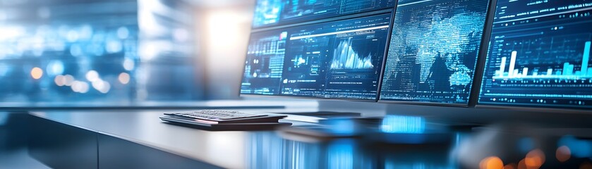 Poster - Close-up of a modern office desk with multiple computer monitors displaying data and charts, a keyboard, and a blurred background.