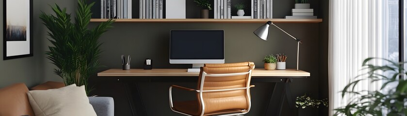 Aufkleber - minimalist home office interior with a tan leather office chair