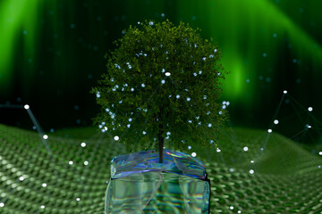Poster - A digital tree surrounded by glowing particles, representing nature and technology in harmony. 3d rendering