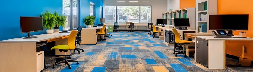 Poster - Modern Office Interior with Blue and Orange Walls and Colorful Carpeting