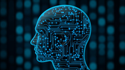 Poster - artificial intelligence, , ai technology featuring a human head with interconnected neural networks and blue glowing data circuits ,LLM, AI Large Language Model ,deep learning.