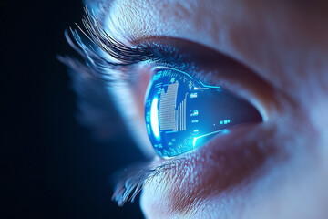 Poster - an eye with intricate digital graphics and data, highlighting advancements in technology and vision