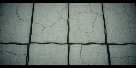 A pattern of subtle cracks creates an intricate web across the surface of a weathered and faded gray tiled floor.