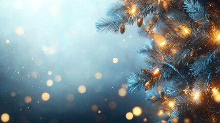 Soft bokeh background with Christmas garland lights in gold and blue, creating a cozy festive ambiance