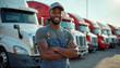 © abu - Confident young truck driver smiling in front of a fleet, reflecting pride and professionalism.
