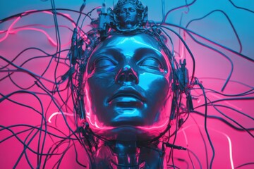 Poster - A neon blue and pink cyberpunk-style statue of a woman's head with wires, cables, and tubes behind it. The background is dark and moody.