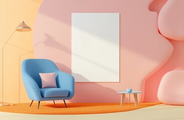 Poster - An empty vertical frame on the wall in a pastel room with orange carpet, blue armchair and table, pink background