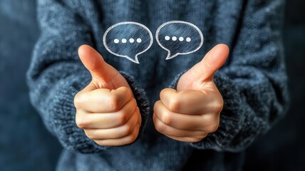 Person giving thumbs up with speech bubbles above on a dark background.