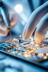 Poster - A technician carefully manipulates wires on a circuit board, ensuring precision during late-night work