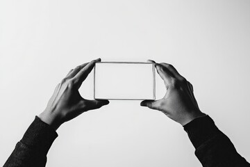 Poster - This monochrome photograph captures hands holding an invisible or transparent rectangle frame, symbolizing a concept of focus or perspective in minimalistic art.