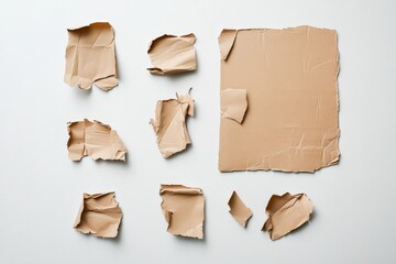 Poster - An assortment of torn brown paper pieces is scattered across a clean white background, offering a glimpse into themes of imperfection, simplicity, and natural textures.