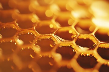 Poster - An intricate close-up of a honeycomb filled with honey, exhibiting shiny golden hues and minute details capturing the beauty and precision of nature’s architecture.