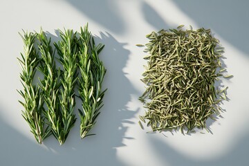 Poster - This image features fresh organic rosemary sprigs next to their dried counterparts, demonstrating the contrasting textures and diverse uses of this popular herb.