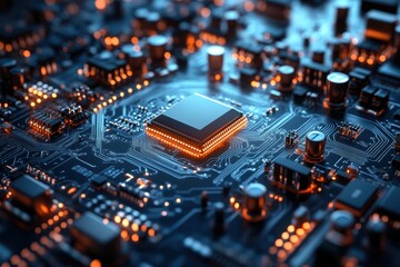 Poster - Close-up of a circuit board with a central processor and illuminated components in low light