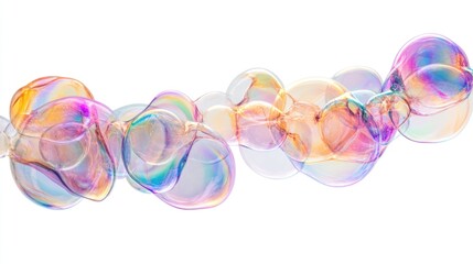 Poster - A chain of iridescent soap bubbles on a white background
